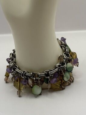 Lia Sophia Fiji Silver Tone Green Purple Dangle Beaded Bracelet